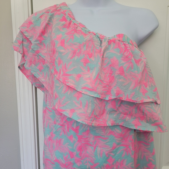 Vineyard Vines One Shoulder Ruffled Pink Blue Dress Preppy Floral Size Small - Picture 2 of 12